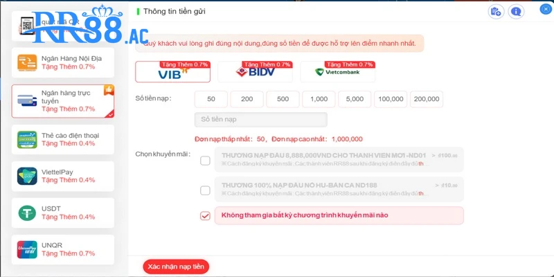Nạp tiền RR88 qua ngân hàng tiện lợi và an toàn cao